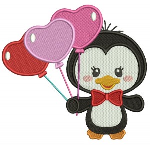 Cute Little Penguin Holding Balloons Filled Machine Embroidery Design Digitized Pattern